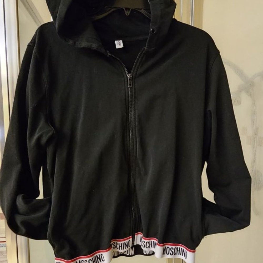 Moschino Logo Waistband Full Zip Black Hooded Jacket Size L